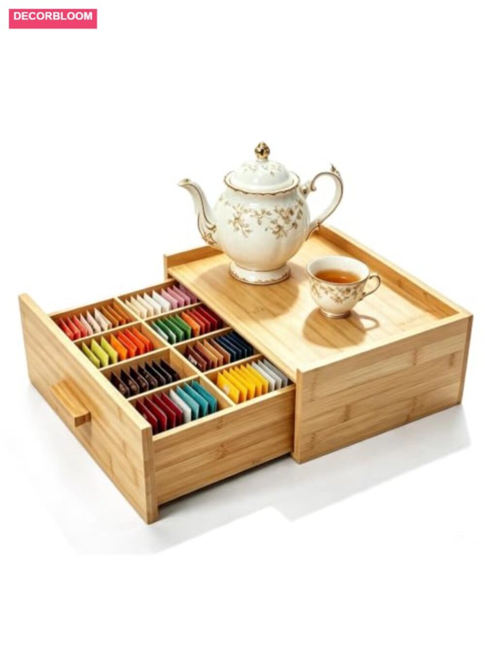 Bamboo Tea Bag Organizer Box with Drawer for Counter Storage